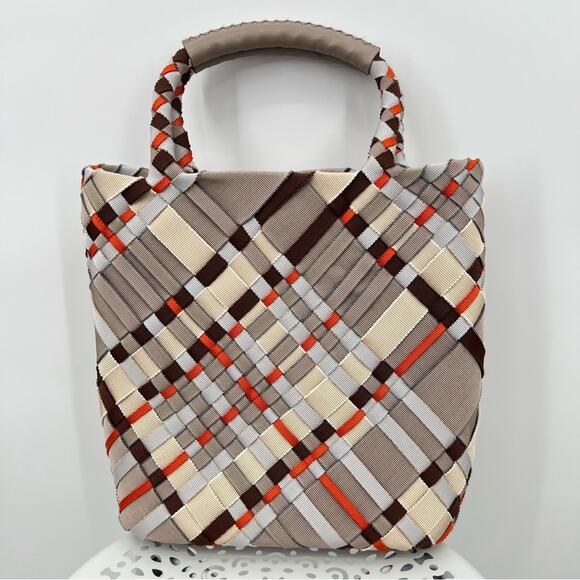 Salvatore Ferragamo woven plaid fabric leather grosgrain ribbon tote handbag - Picture 4 of 16